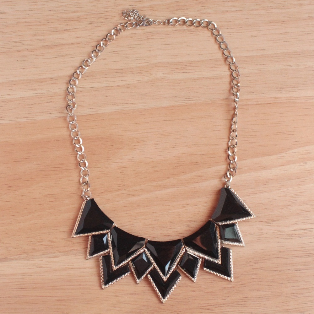 Geometric Gold Tone Black Faux Stone Acrylic Triangle Mod Statement Bib Necklace